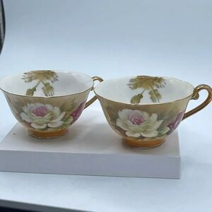 Vintage lot of 2 Lefton Heritage Brown Floral footed pattern Cups.